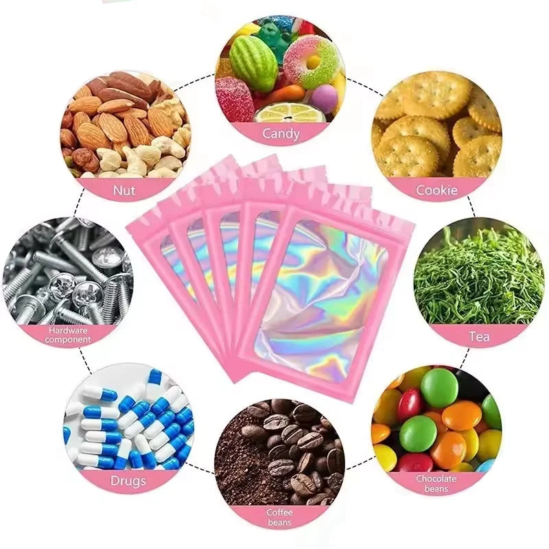 100Pcs Holographic Ziplock Bag Plastic Laser Iridescent Zip Bags for Manicure Eyelash Display Earrings Ring Jewelry Storage Bags