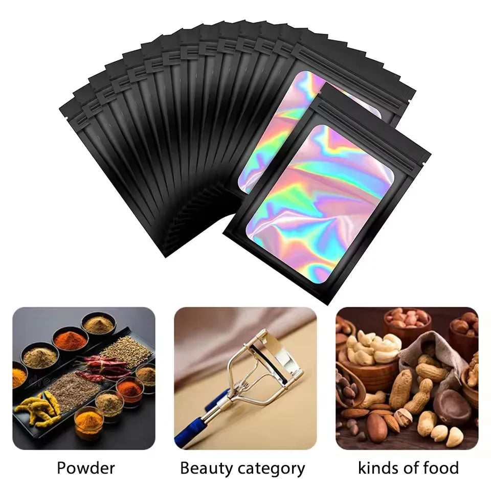 100Pcs Holographic Ziplock Bag Plastic Laser Iridescent Zip Bags for Manicure Eyelash Display Earrings Ring Jewelry Storage Bags