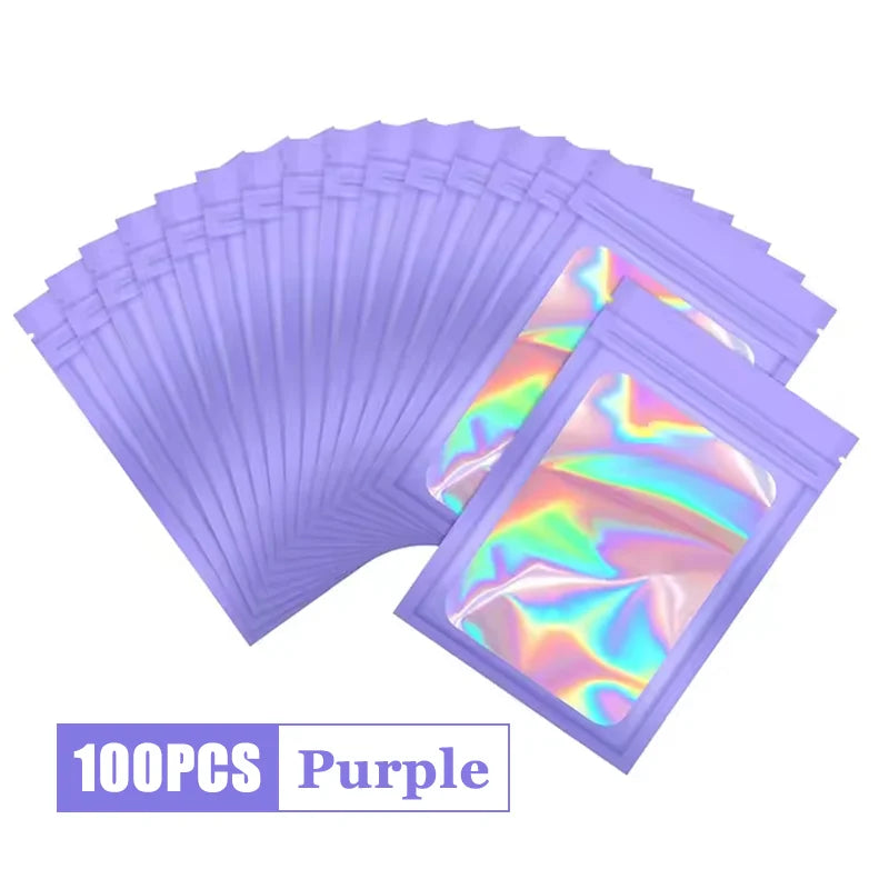 100Pcs Holographic Ziplock Bag Plastic Laser Iridescent Zip Bags for Manicure Eyelash Display Earrings Ring Jewelry Storage Bags