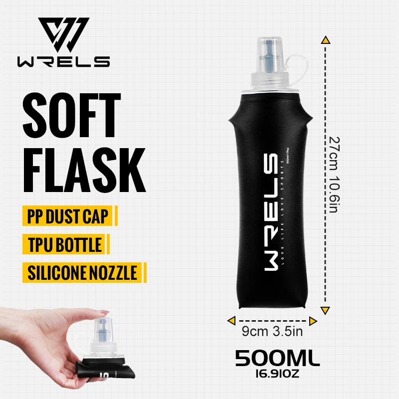 WRELS Soft Flask TPU Ultralight Collapsible BPA Free Leakproof Squeeze Running Hydration Vest Marathon Hiking Foldable Bottle