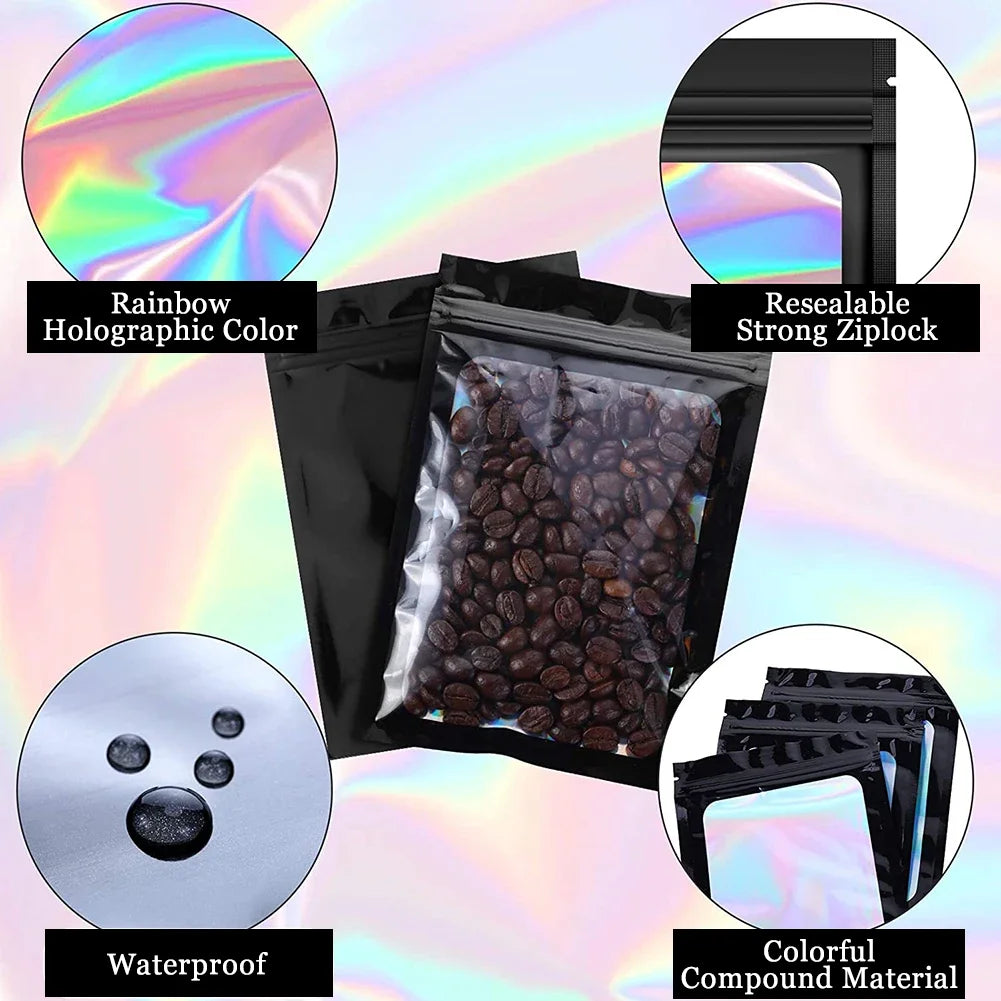 100Pcs Holographic Ziplock Bag Plastic Laser Iridescent Zip Bags for Manicure Eyelash Display Earrings Ring Jewelry Storage Bags