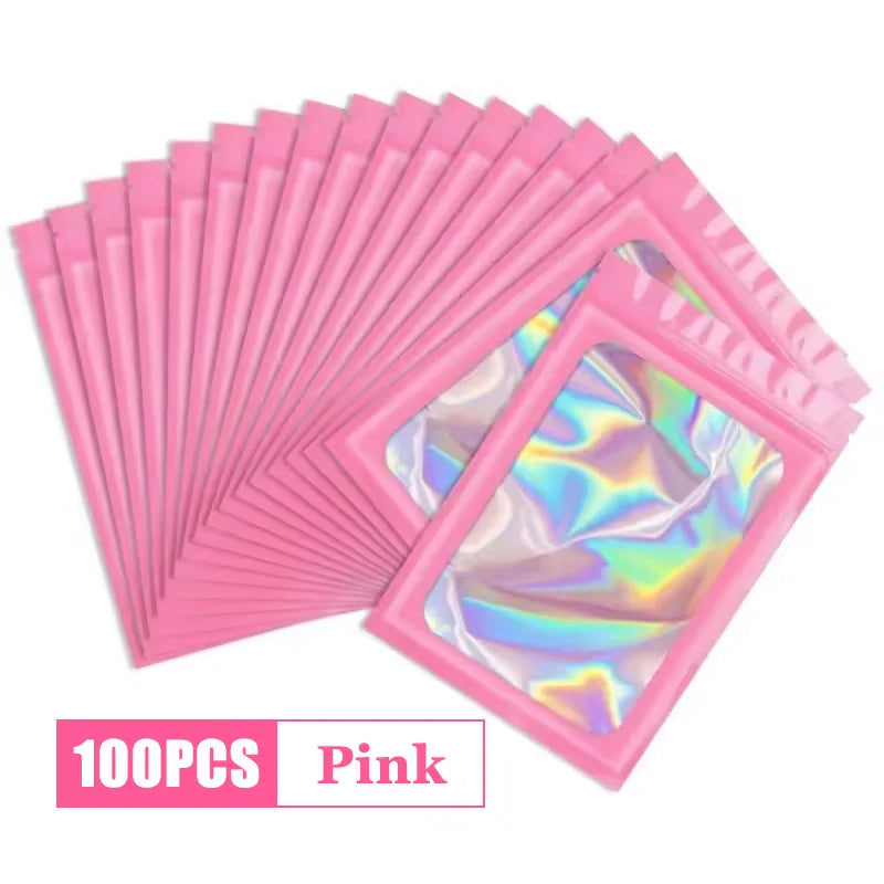 100Pcs Holographic Ziplock Bag Plastic Laser Iridescent Zip Bags for Manicure Eyelash Display Earrings Ring Jewelry Storage Bags