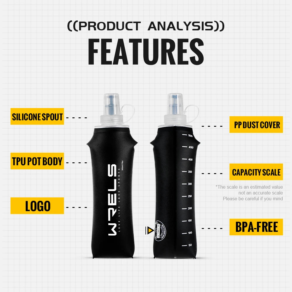 WRELS Soft Flask TPU Ultralight Collapsible BPA Free Leakproof Squeeze Running Hydration Vest Marathon Hiking Foldable Bottle
