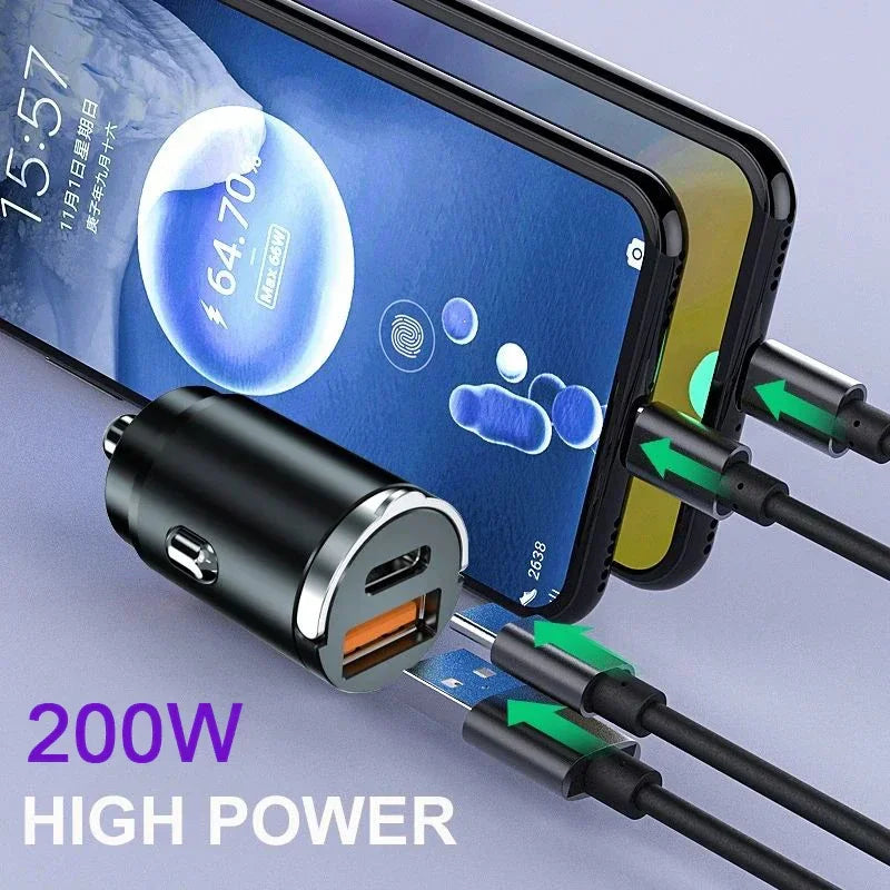 100W / 200W QC3.0 PD Car Charger 5A Fast Charing 2Port 12-24V Cigarette Socket Lighter Car USBC Charger for iPhone Power Adapter