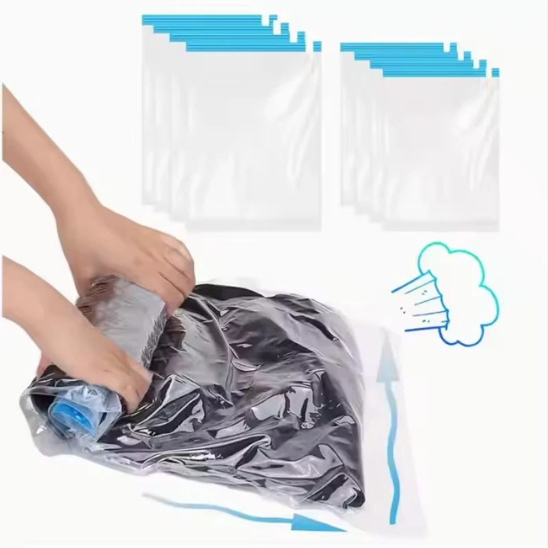 5 Pack Vacuum Compression Bags for Travel-Reusable Space Saving Storage No Pump Needed, Leak-Proof Organizer for Clothes&Luggage