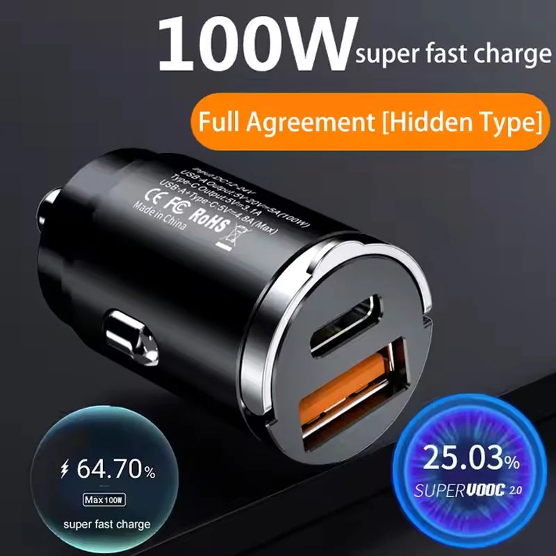 100W / 200W QC3.0 PD Car Charger 5A Fast Charing 2Port 12-24V Cigarette Socket Lighter Car USBC Charger for iPhone Power Adapter