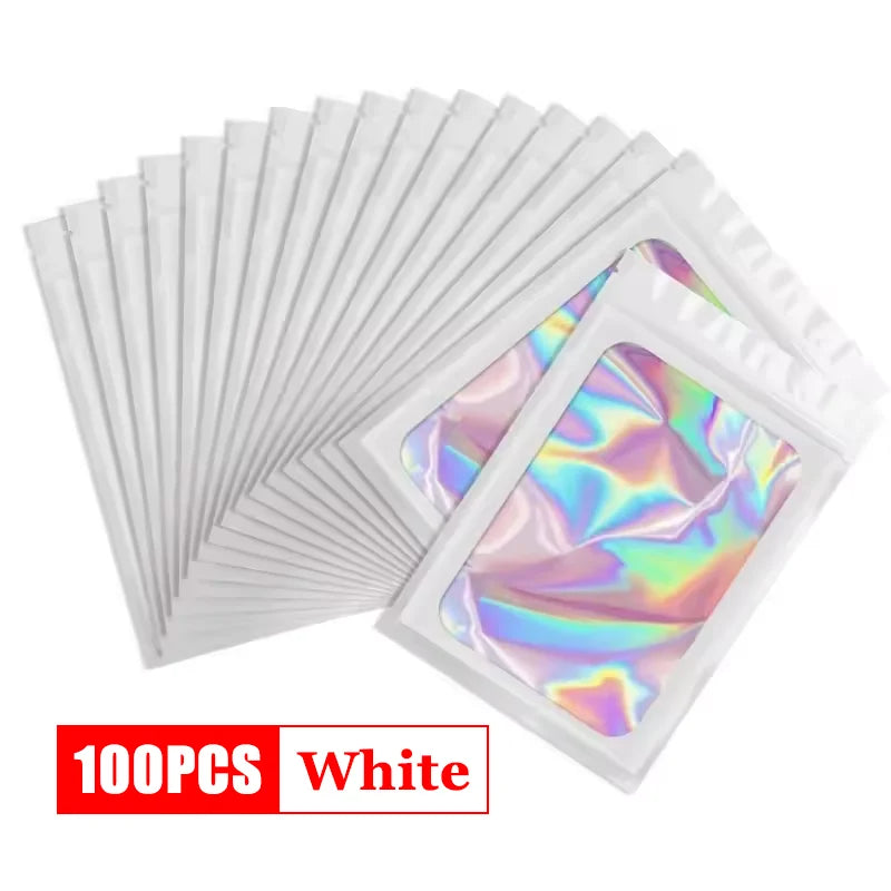 100Pcs Holographic Ziplock Bag Plastic Laser Iridescent Zip Bags for Manicure Eyelash Display Earrings Ring Jewelry Storage Bags