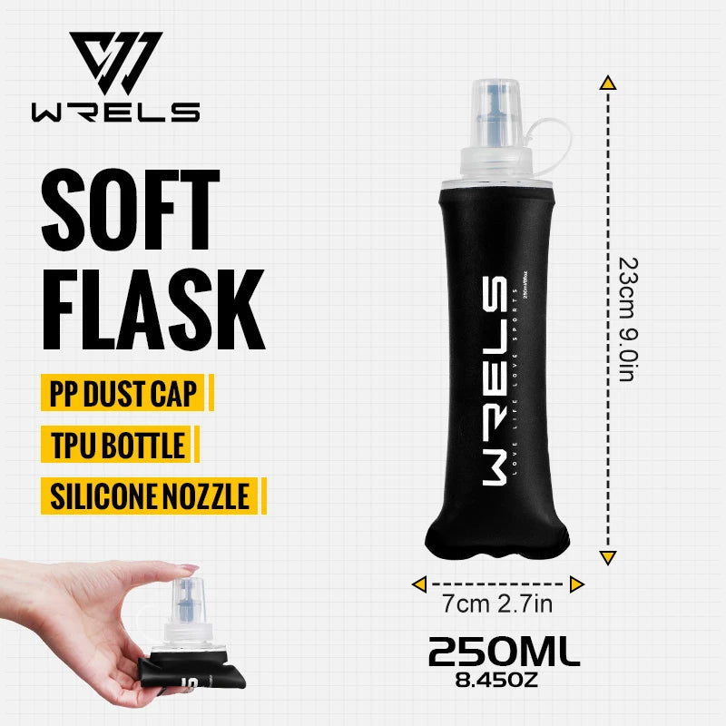 WRELS Soft Flask TPU Ultralight Collapsible BPA Free Leakproof Squeeze Running Hydration Vest Marathon Hiking Foldable Bottle